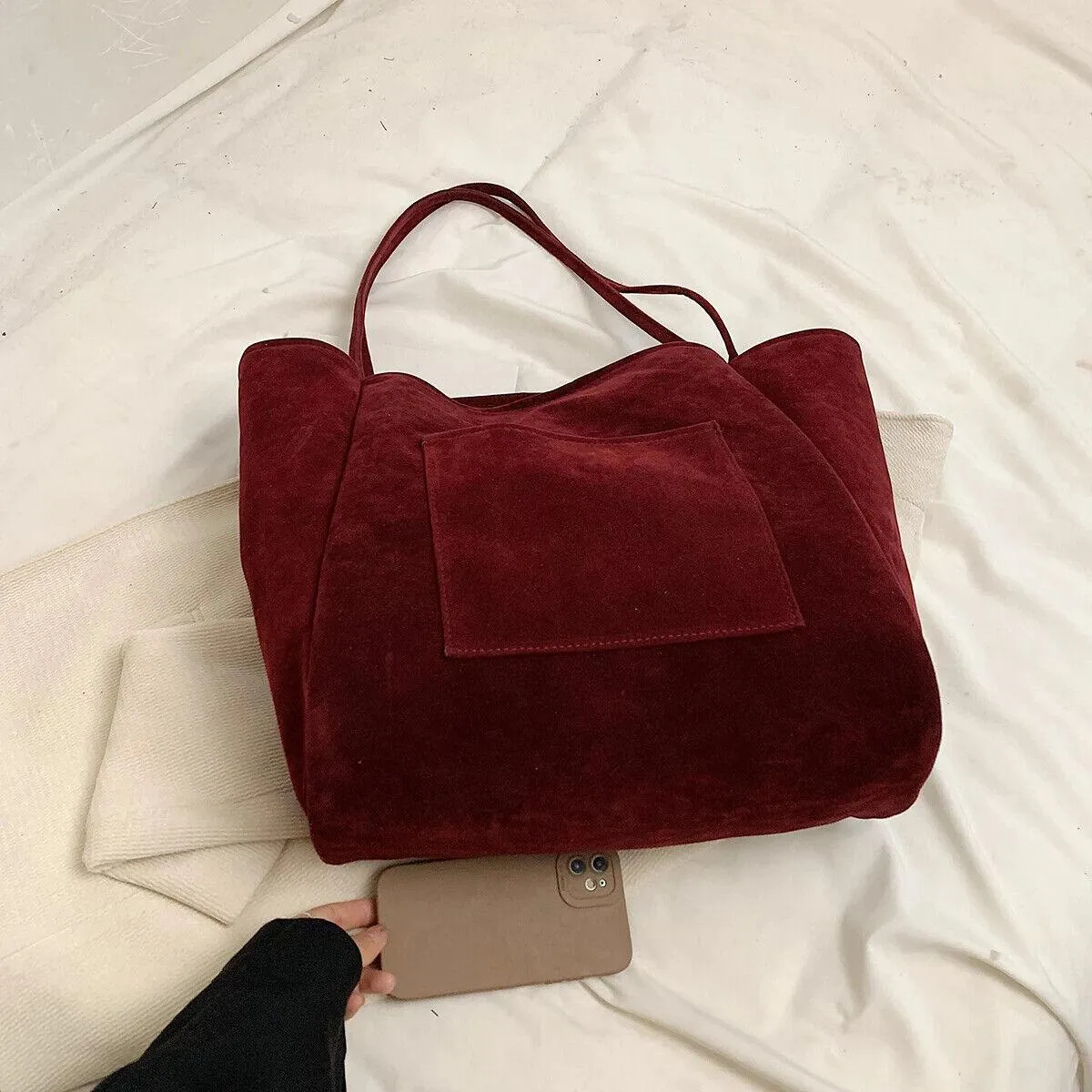 Extra Large Shoulder Bags Suede Nubuck Leather Snap Women's Outer Pocket Handbag