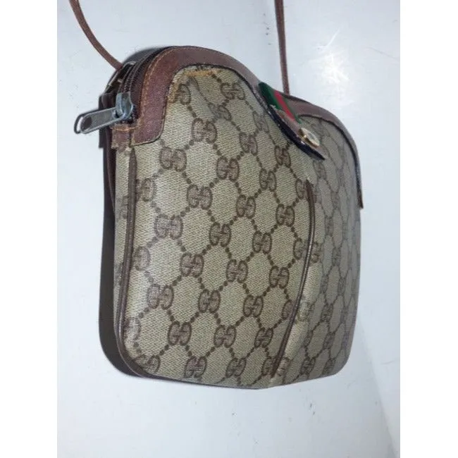 Gucci Vintage Guccissima Print Coated And Leather Two Way Brown Patent Gg Canvas Cross Body Bag