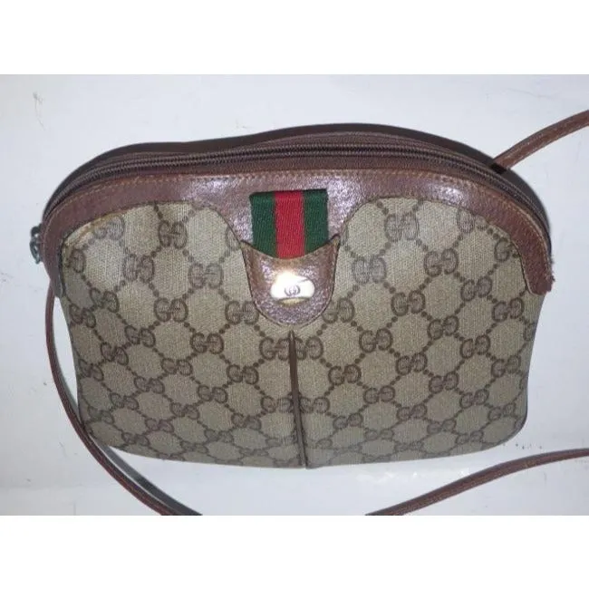 Gucci Vintage Guccissima Print Coated And Leather Two Way Brown Patent Gg Canvas Cross Body Bag