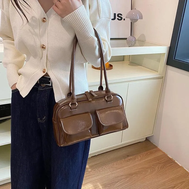 Leather Handbags Women Medium Flap Outer Pockets Zipper Shoulder Bags